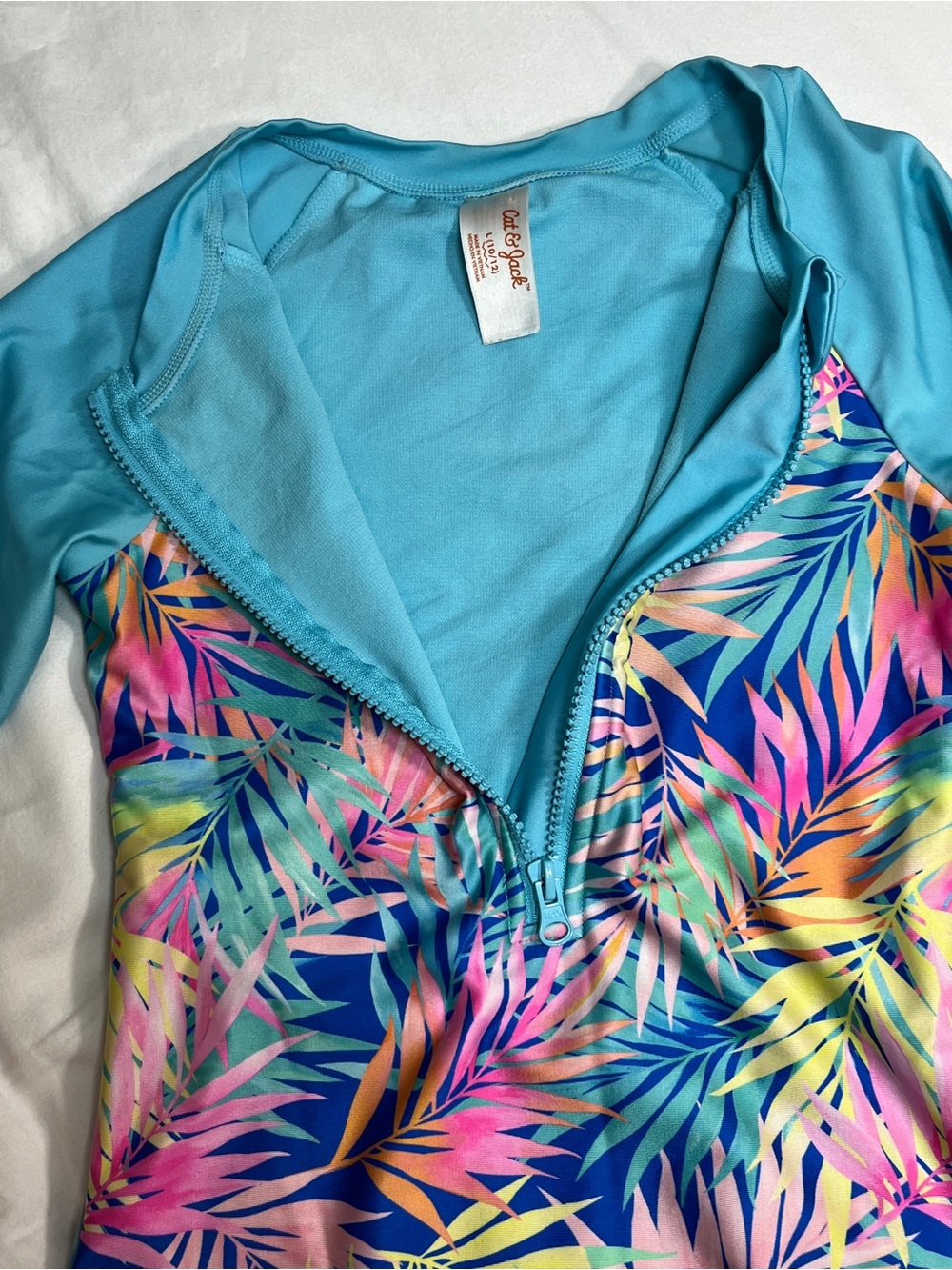 Cat & Jack Tropical Palm Print One Piece Rash Guard Swimsuit Blue Girls L 10/12 - Picture 4 of 8